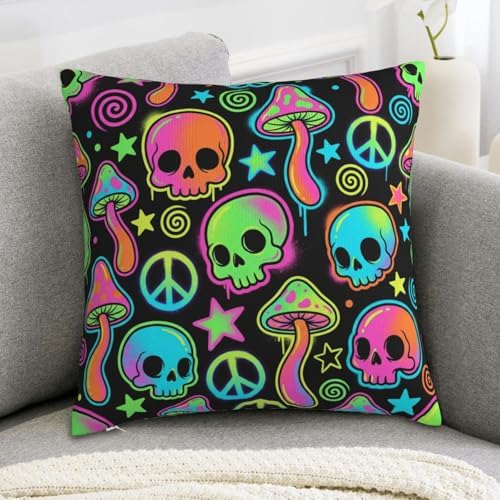 Neon Skull & Mushroom Throw Pillow Cover