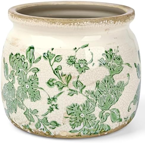 Flower Pots Planters for Indoor Plants Ceramic Plant Pots with Drainage 6.1 Inch Vintage Ceramic Pots for Plants Outdoor Home Garden Decor, Crackled Green Peony