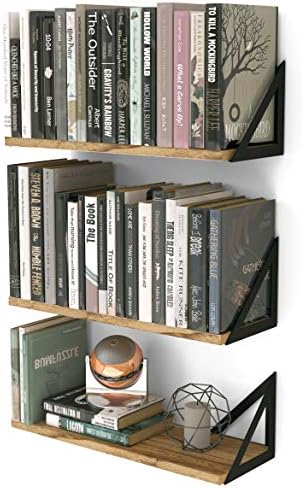 Wallniture Minori Floating Shelves Set of 3, Small Bookshelf Unit for Living Room, Office, and Bedroom, Natural Burned Rustic Wood Wall Decor with Metal Floating Shelf Bracket 6D x 17W x 5.5H in