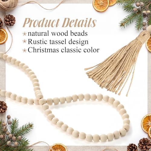 Equsion Rustic Wood Bead Garland with Tassel Farmhouse,Natural Wood Color