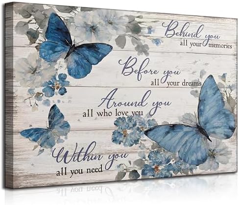Inspirational Butterfly Canvas Wall Art Farmhouse Blue Butterfly Flowers Motivational Quotes Paintings Pictures Wall Decor Posters Prints Artwork for Women's Room Apartment Office Home Decoration