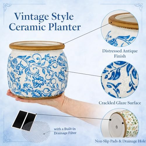 Vintage Ceramic Flower Pot, 6.5 & 9in, with Drainage & Filter