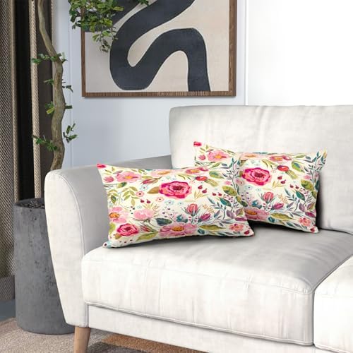 Spring Summer Flower Throw Pillow Covers 20x12 Inch Watercolor Peony Pillowcase Hot Pink Flora with Green Leaves Girly Decorative Cotton Cushion Cover Set of 2 for Home Garden Outdoor Bed