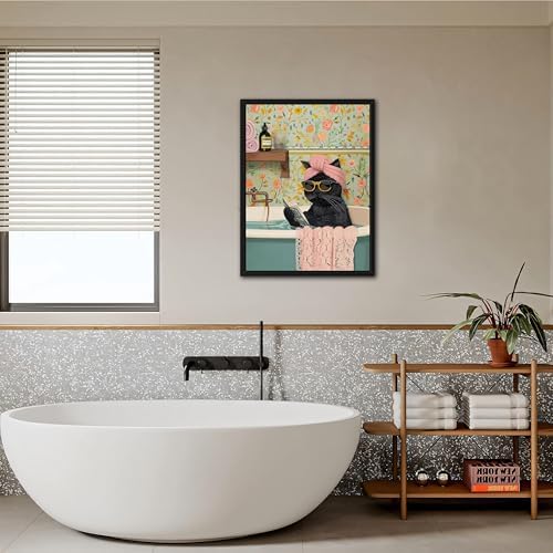 Floating Framed Bathroom Cat Canvas Wall Art, Funny Black Cat Reading Wall Decor, Cute Animal Prints Pictures Posters for Living Room Bedroom Toilet Kids Room Paintings 12x16 inch