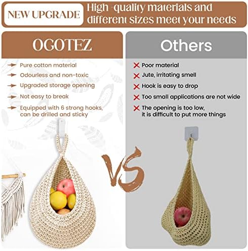 Hanging Fruit Baskets for Kitchen - 3 Pack Boho Wall Hanging Basket with 6 Pcs Strong Hooks, Handwoven Onion Storage Teardrop Home Onion Basket for Fruits Vegetable Potato Kitchen Storage (White)