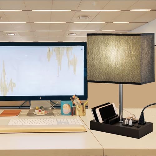 Briever USB Table Lamp, Multi-Functional Desk Lamp with 2 AC Outlets, Bedside Lamp with 3 USB Charging Ports and Wooden Phone Stands, Nightstand Lamp for Bedroom, Livingroom, Office, Black Shade