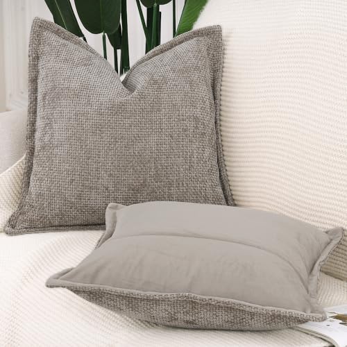 MADIZZ Decorative Chenille Velvet Throw Pillow Covers Set of 2 Soft Boho Textured Neutral Couch Throw Pillow for Bed Modern Farmhouse Home Decor for Sofa Livingroom Taupe 20x20 Inch