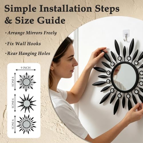 Starburst Wall Decor Mirrors As Room Accents Decorative Hanging Mirror | Wall Mirror For Great Indoor Housewarming Gift Ideas Option, Metal Black Sunburst Circle Mirrors 3 pieces