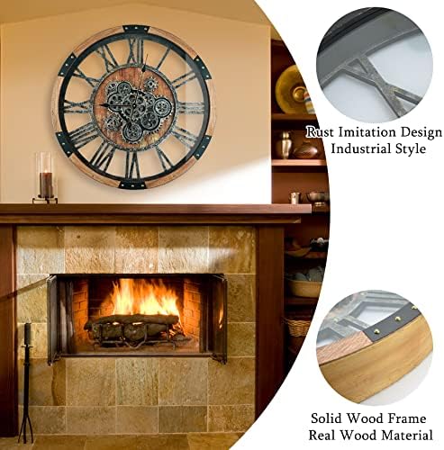 24 Inch Moving Gear Wall Clock, Oversized Wall Clocks, Clock Living Room Decor, Solid Wood Frame, Battery Operated, Large Wall Clock with Steampunk Industrial for Fireplace(Brown)