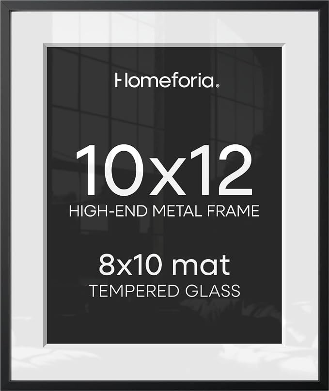 Homeforia 10x12 Black Picture Frame, High-End Metal, 8x10 Mat, Glass