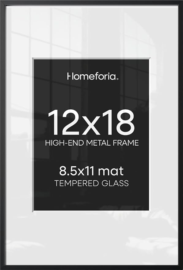 Homeforia 12x18 Black Picture Frame, High-End Metal, 8.5x11 Mat, Glass