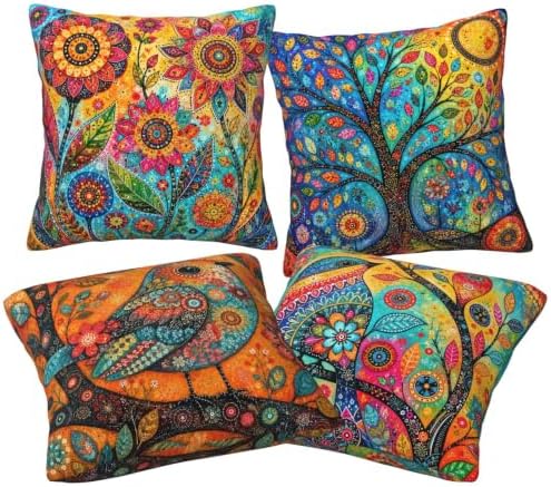 Bohemian Bird Throw Pillow Covers Set of 4 Decorative Soft Double Sided Print Pillow Case Farmhouse Home Decor for Living Room Sofa Couch 18x18