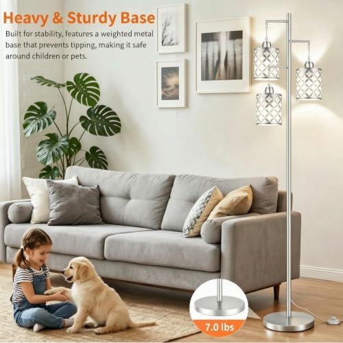72" Dimmable Floor Lamp with Remote & Timer, Modern Minimalist Standing Lamp for Living Room Bedroom, 3 Individually Controlled Heads, 2 Height Options, 3x 800LM LED Bulbs Included - Silver