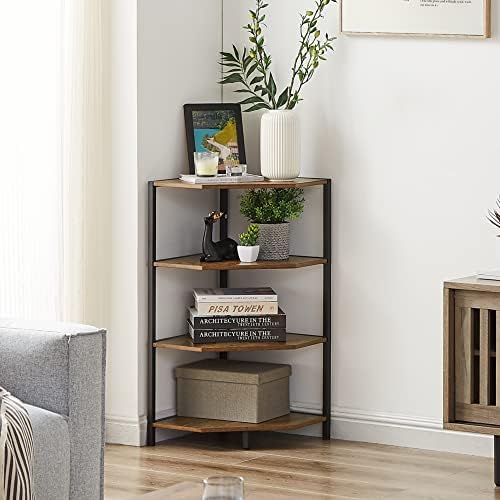 VECELO 31 Inch Corner Shelf, 4-Tier Display Shelves, Wood Storage Stand with Metal Frame, Multipurpose Shelving Unit for Small Space, Home Office,Antique Brown