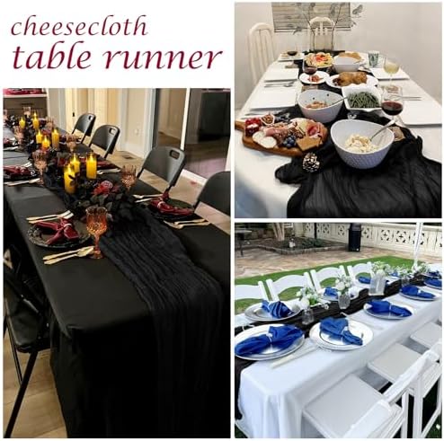 12 Pack Black Cheesecloth Table Runner 17 x 108 Inch Gauze Table Runner Fabric Semi Sheer Cheese Cloth Table Decoration Bulk for Rustic Romantic Wedding Baby Shower Table Decoration