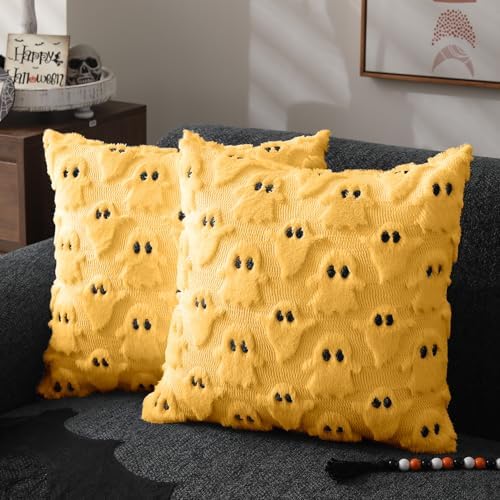 DFXSZ Halloween Pillow Covers 20x20 inch 2Pcs Yellow Ghost Halloween Decor