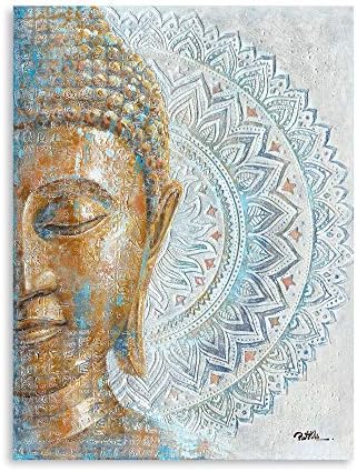 Gold Buddha Canvas Wall Art: 3D Textured Mandala Flower Blossom Buddha Painting Zen Print Picture on Blue for Yoga Meditation Room Bedroom Framed and Ready to Hang 12"x16"