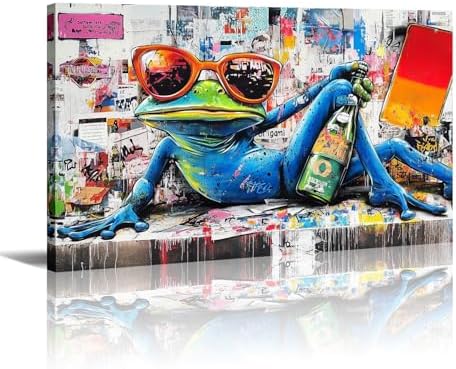 Frog Canvas Art Graffiti Picture Wall Decor Framed Funny Frog with Glasses Painting Modern Pop Prints for Living Room Bedroom Game Room Ready to Hang - 16.00"x24.00"
