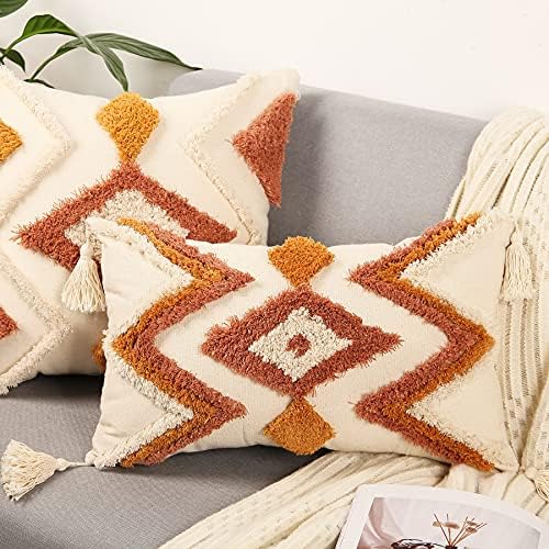 Merrycolor Boho Lumbar Throw Pillow Cover 12x20 inch,Bohemian Tufted Decorative Pillow Covers with Tassels for Couch Sofa Bedroom Living Room
