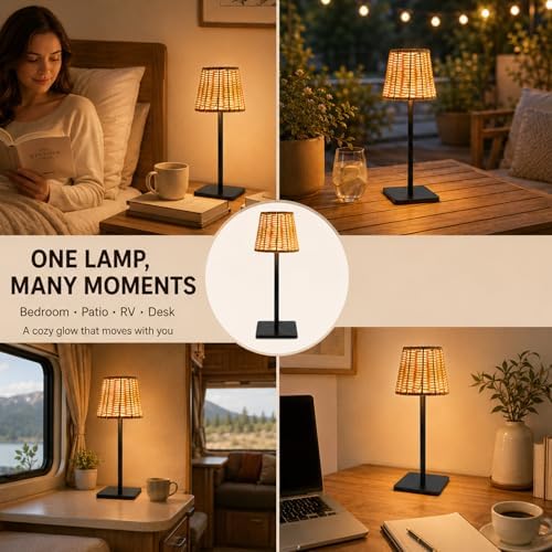 4 Pack Wicker Table Lamp, Rechargeable Small Boho Rattan Lamp