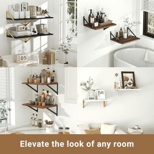 Heimlove 12 Inch Deep White Floating Shelves for Wall，Wood Floating Shelves 16" W x 12" D Set of 2，Wall Mounted Shelves for Living Room, Bedroom, Kitchen, Bathroom and Decor Storage,Gold Bracket