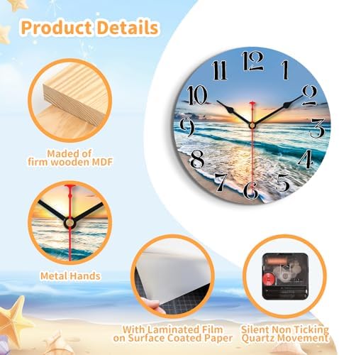 VIKMARI 8in Beach Coastal Wall Clock, Small Wooden Ocean Kitchen Decor