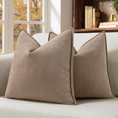 MIULEE Pack of 2 Coco Brown Euro Shams Chenille Pillow Covers 22x22 Inch