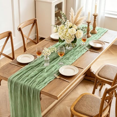 Sage Green Cheesecloth Table Runner, 10FT Rustic Green Boho Gauze Table Runner 120inch for Spring Easter Woodland Safari Baby Shower Bridal Shower Wedding Tea Party Birthday Decorations
