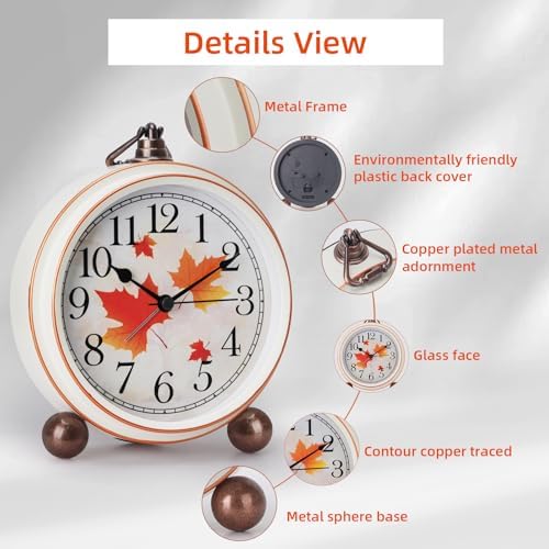 Classic Vintage Table Clock - 5.2in Analog Desk Clock, Silent Non-Ticking Clock with Distressed Metal Frame for Office, Living Room or Bedroom (Maple-Leaf)