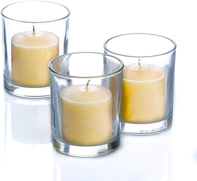 Set of 12 Richland Votive Candles Ivory Unscented and 12 Clear Glass Eastland Votive Holders