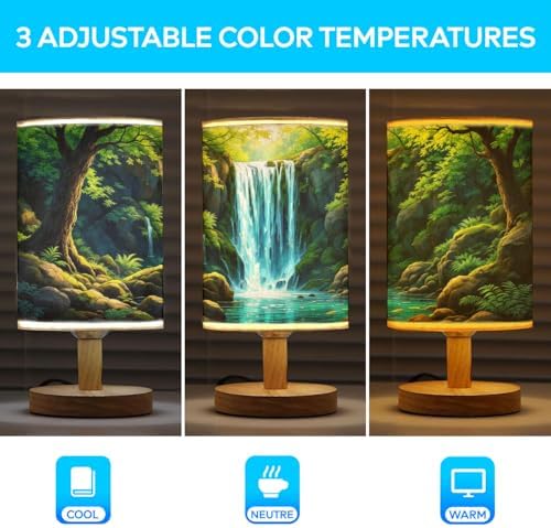 Waterfall in The Green Forest Table Lamp LED 3-Color Pressed Bedside, Waterfall in The Green Forest Shade Lamp with Wood Base for Bedroom Living Room Desk Office TL01