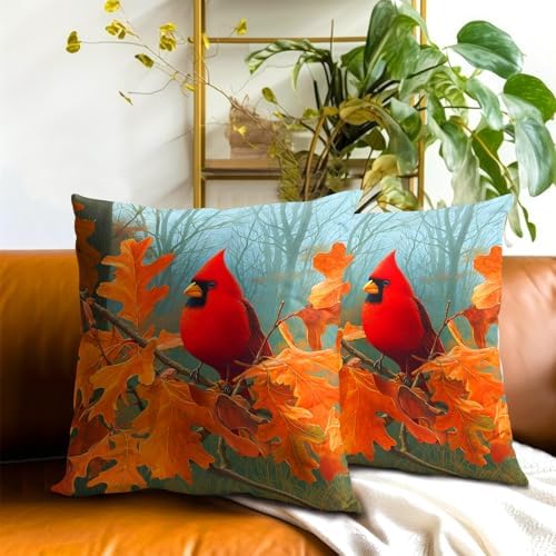 Fall Cardinal Throw Pillow Covers 20x20 Inch Set of 2 Red Bird Maple Leaves Decorative Pillowcase Autumn Foreset Landscape Seasonal Cushion Cover for Home Bedroom Sofa Chair Decor