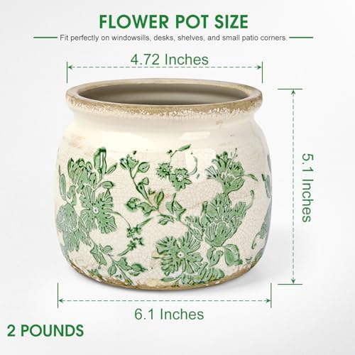Flower Pots Planters for Indoor Plants Ceramic Plant Pots with Drainage 6.1 Inch Vintage Ceramic Pots for Plants Outdoor Home Garden Decor, Crackled Green Peony