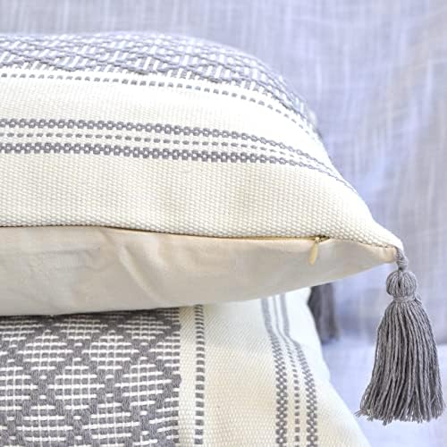 Throw Pillow Covers Gray, 20x20 inch -Set of 2 Grey/Designer Woven Boho Tassels Indoor Outdoor Checkered Cushion Covers for Couch, Patio/Farmhouse Accent Square Pillow Cases