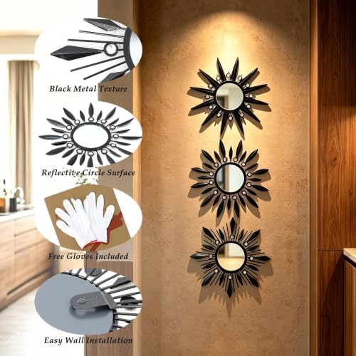 Starburst Wall Decor Mirrors As Room Accents Decorative Hanging Mirror | Wall Mirror For Great Indoor Housewarming Gift Ideas Option, Metal Black Sunburst Circle Mirrors 3 pieces