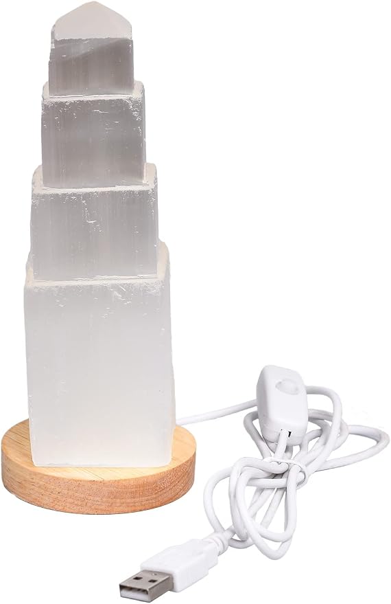 JIC Gem USB Selenite Tower Lamp Natural Selenite Skyscraper Healing Crystal Lamp 6 Inch with Wooden Light Stand Base