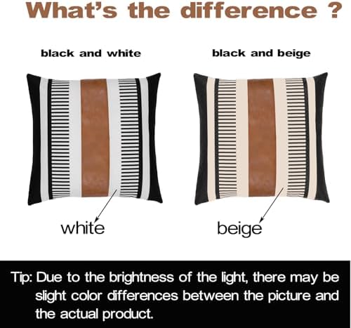 Farmhouse Stripe Pillow Cover 22x22 Boho Accent Cushion Case Faux Leather Decorative Pillowcase,Black and Beige (Cover ONLY, Pack of 2)