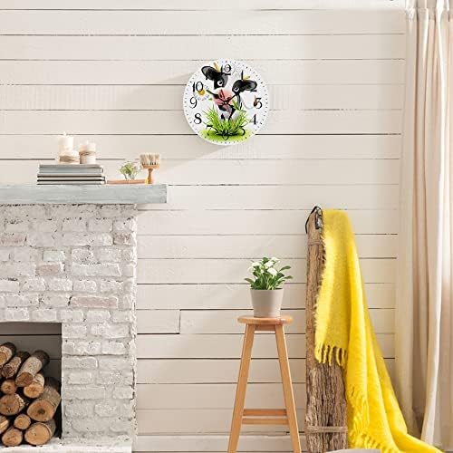 LOKMU Silent Non Ticking Clock 10 Inch, Round Wall Clock,Decorative for Living Room, Kitchen, Home,Bathroom, Bedroom, Office or School, Cute Cow in Green Grass