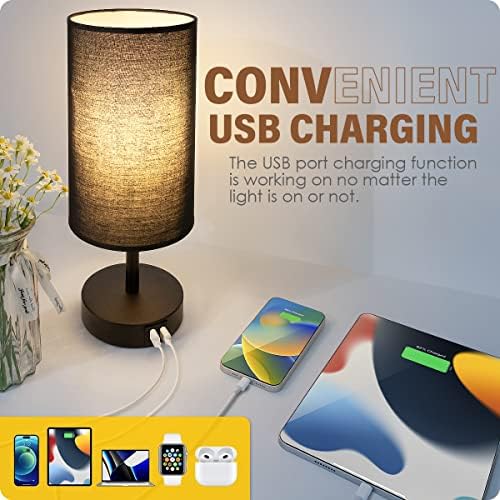 Yarra-Decor Bedside Lamps with USB Port - Touch Control Table Lamp for Bedroom 3 Way Dimmable Nightstand Lamp Set of 2 with Round Black Fabric Shade for Living Room, Dorm, Home Office (Black, 2 Pack)