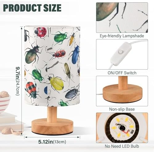 Table Lamp Watercolor Insect Beetle Pattern Nightstand Lamp with Wood Base Fabric Lamp Shade Bedside Desk Lamp for Living Room Bedroom Kids Room Office