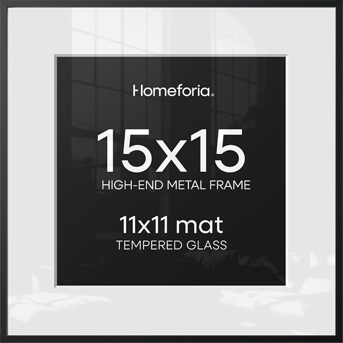 Homeforia 15x15 Black Picture Frame, High-End Metal, 11x11 Mat, Glass