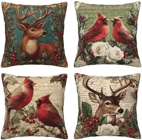 Christmas Animals Throw Pillow Covers Set of 4 Decorative Soft Double Sided Print Pillow Case Farmhouse Home Decor for Living Room Sofa Couch 18x18