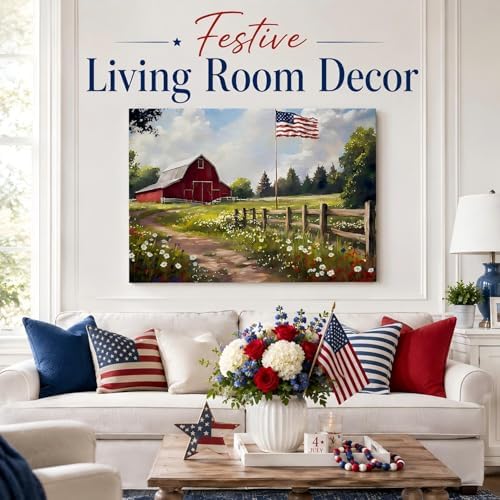 RIBNTAK Farmhouse Red Barn & American Flag Canvas Print, Rustic Wildflower Meadow Patriotic Wall Art, 4th of July Holiday Decoration for Home, Office & Rustic Interiors, Made in USA