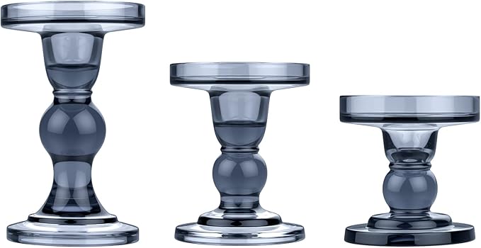 Lewondr Glass Candle Holders, Pillar Candle Holder, 3 Pcs, Smoky Blue
