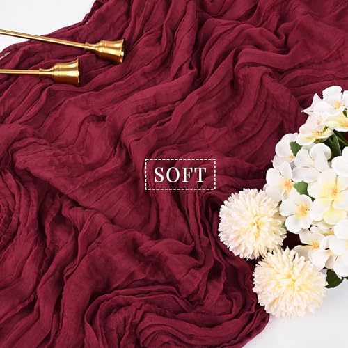 10FT Burgundy Cheesecloth Table Runner Gauze Fabric Boho Cheese Cloth Table Runner Rustic Semi Sheer Runner for Wedding Holiday Bridal Shower Birthday Party Table Decor (35 x 120 Inches Long)