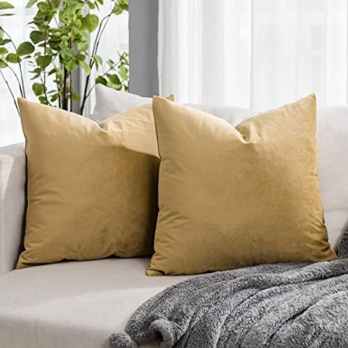 Khaki Soft Velvet Throw Pillow Covers 16x16 inch Set of 2 for Sofa Couch Bed Living Room Decorative Luxury Solid Square Cushion Covers Case with Zipper