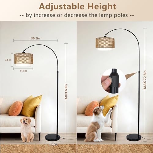 eyassi Arc Floor Lamp with Remote, Modern LED Floor Lamp with Dimmable Bulb, Boho Farmhouse Standing lamp with Fabric & Rattan Lampshades, Height Adjustable Black Tall Lamp for Living Room Bedroom