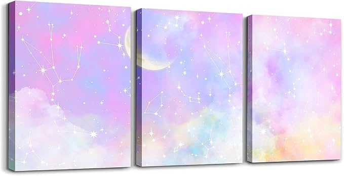 Feelyou Purple Pink Galaxy 3 Piece Canvas Wall Art for Living Room Bedroom Moon Star Wall Art for Home Decor Solar System Office Wall Decor Cloud Galaxy Wall Painting