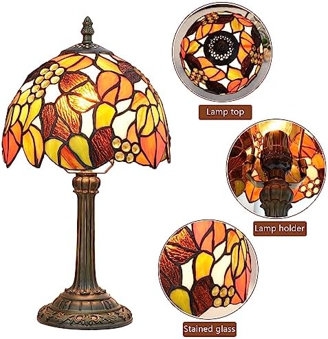Tiffany Stained Glass Table Lamp Orange Grape Bedroom Bedside Reading Desk Light for Office Dormitory Bar Decorate Retro Style Unique Cute Accent Decor Cottage 8" Village Nightstand Lamps