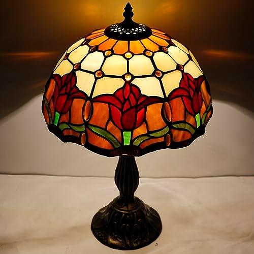 WERFACTORY Tiffany Table Lamp Stained Glass Style Tulip Flower Bedside Reading Desk Light 12X12X18 Inches Decor Bedroom Living Room Home Office S030 Series